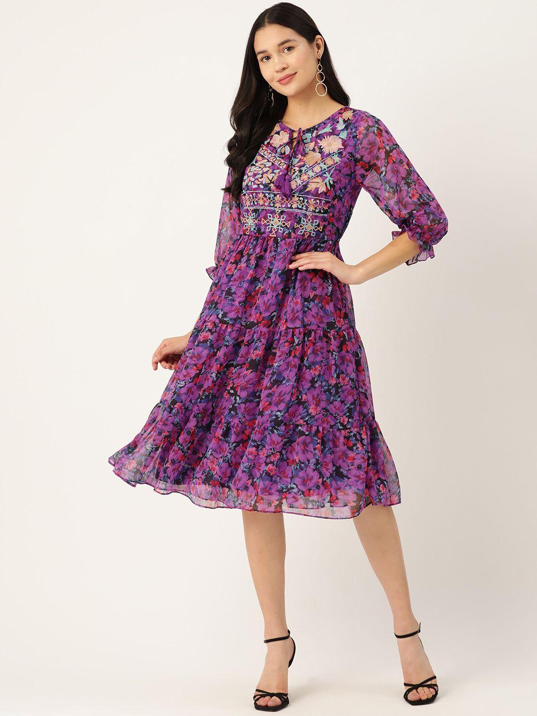 antheaa floral print tie-up neck puff sleeve chiffon a-line dress