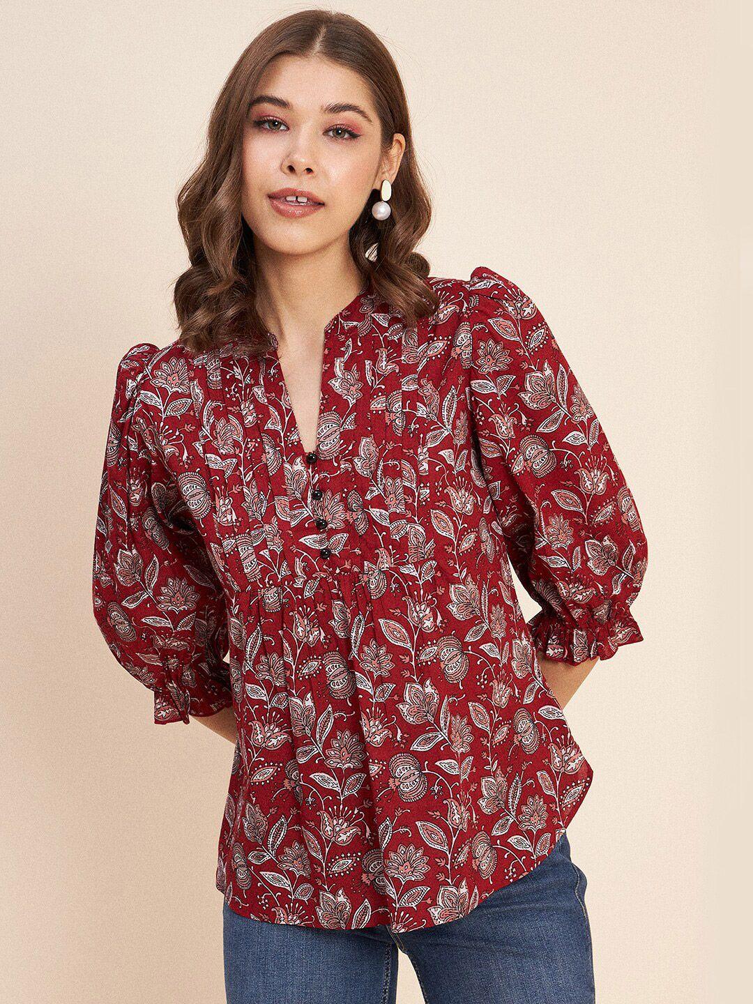antheaa floral printed mandarin collar puff sleeves gathered pure cotton top