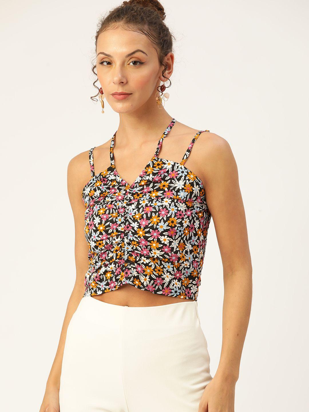 antheaa multicoloured floral print ruched crop top