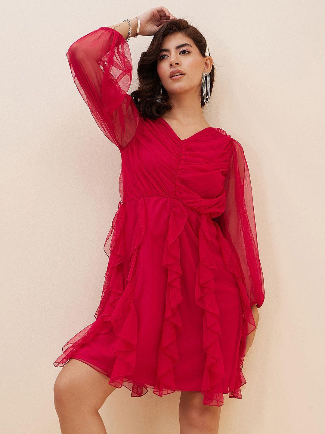 antheaa puff sleeves ruched net fit & flare dress