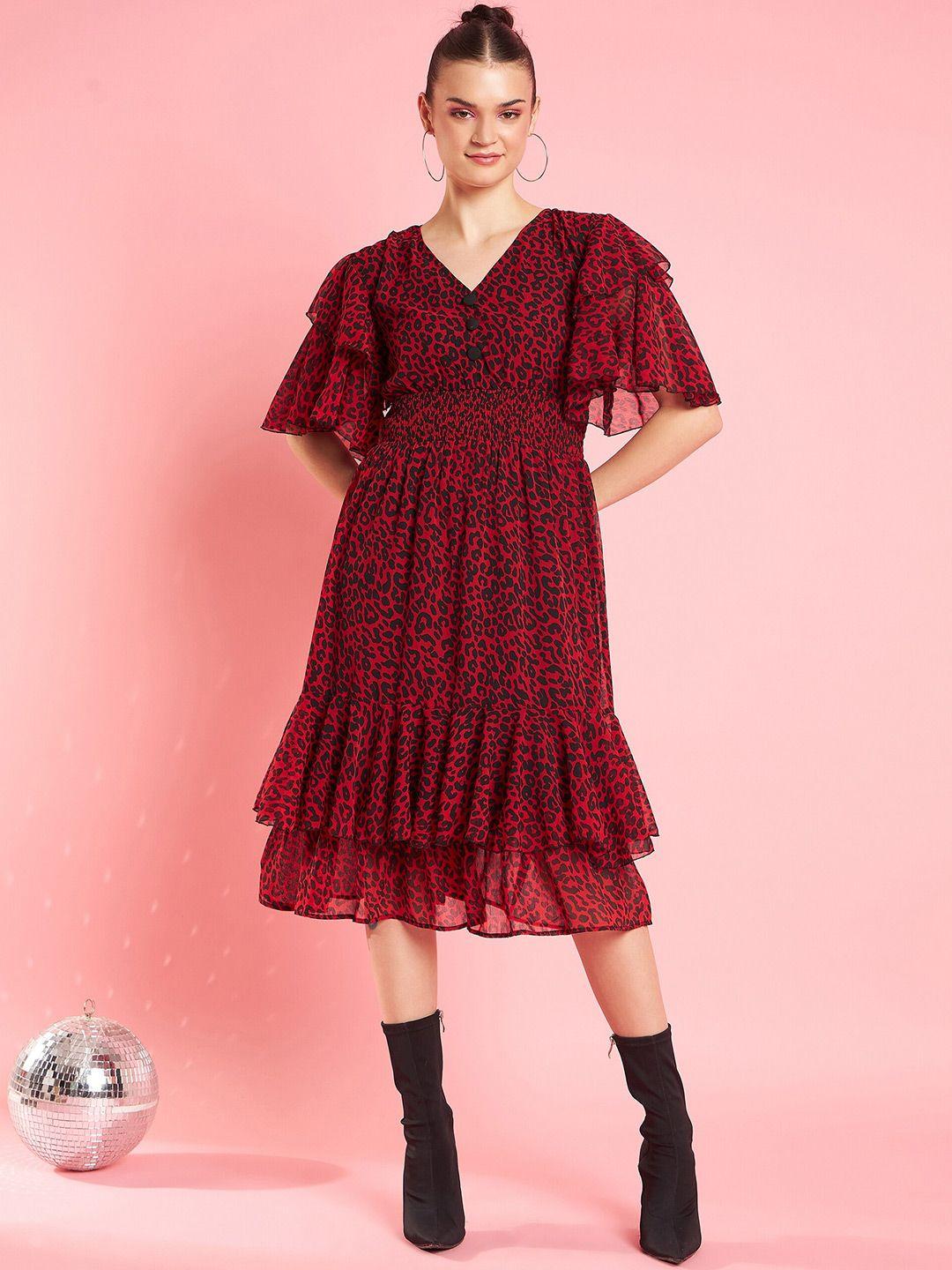 antheaa red floral printed v-neck flared sleeve fit & flare midi party dress