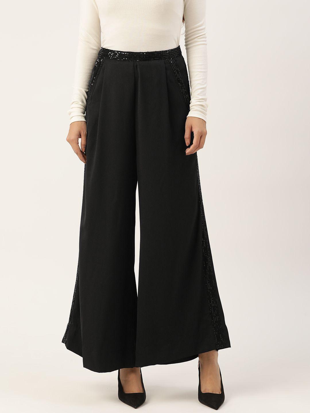 antheaa women black embellished comfort flared high-rise trousers