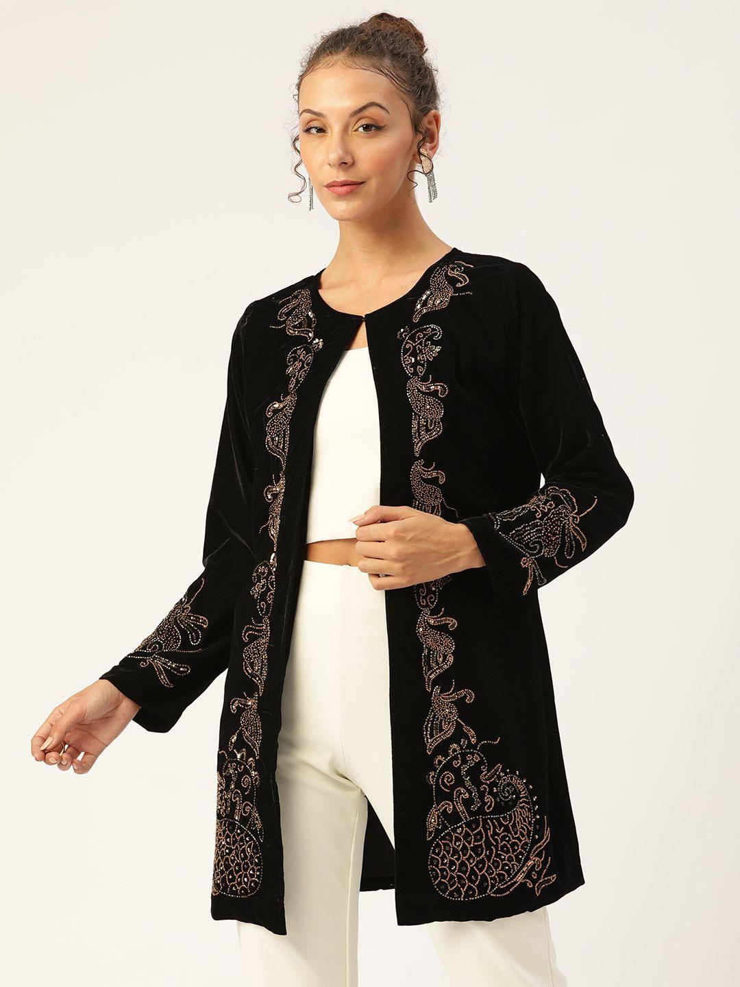 antheaa women black velvet finish beaded longline open front jacket