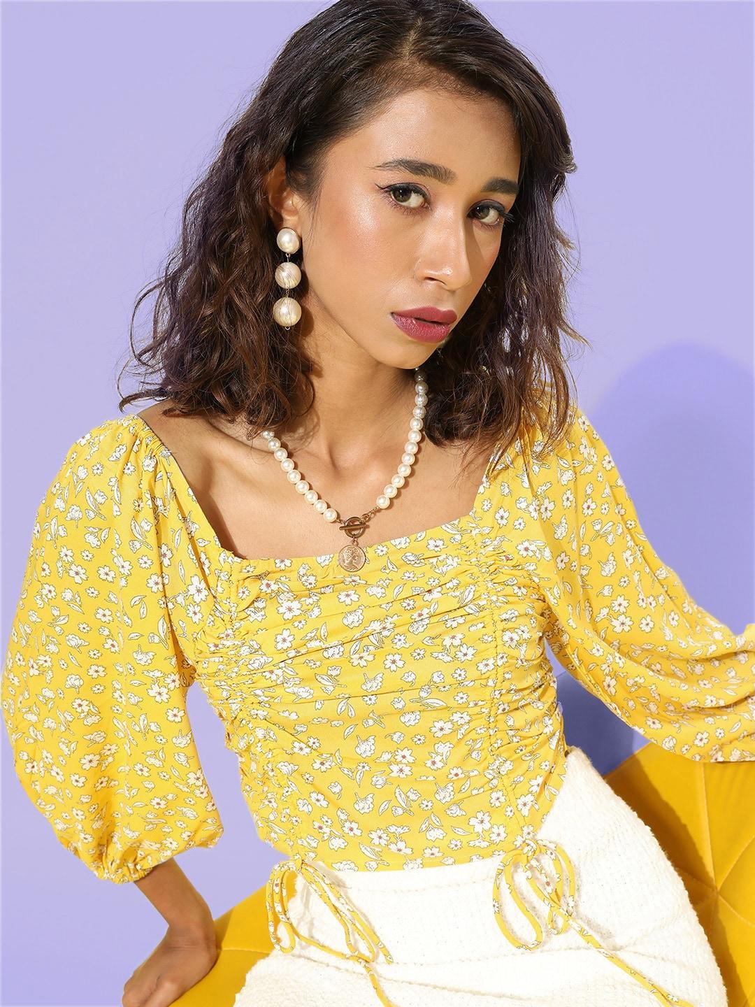 antheaa women bright yellow floral top