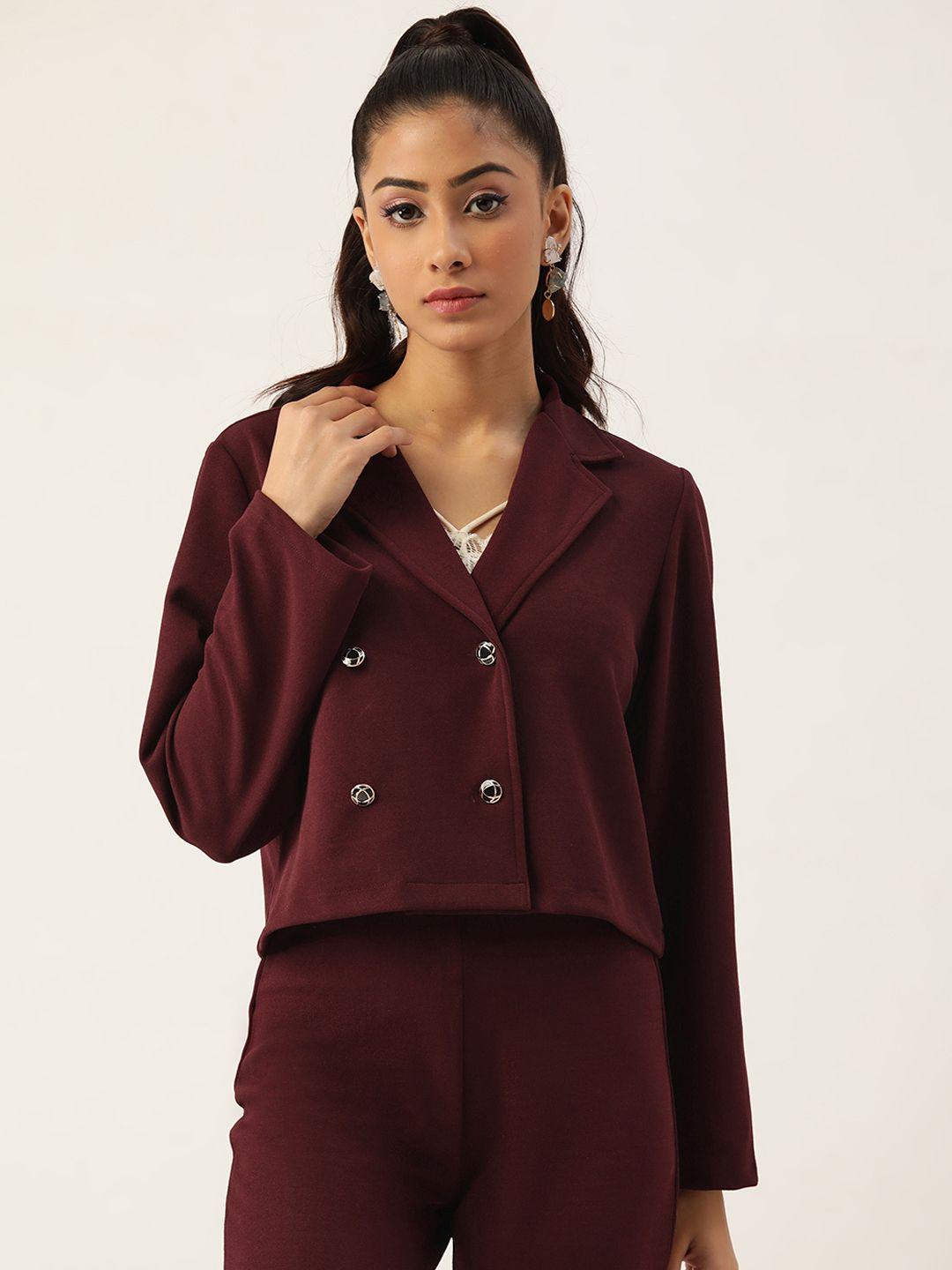 antheaa women burgundy solid double breasted casual blazer