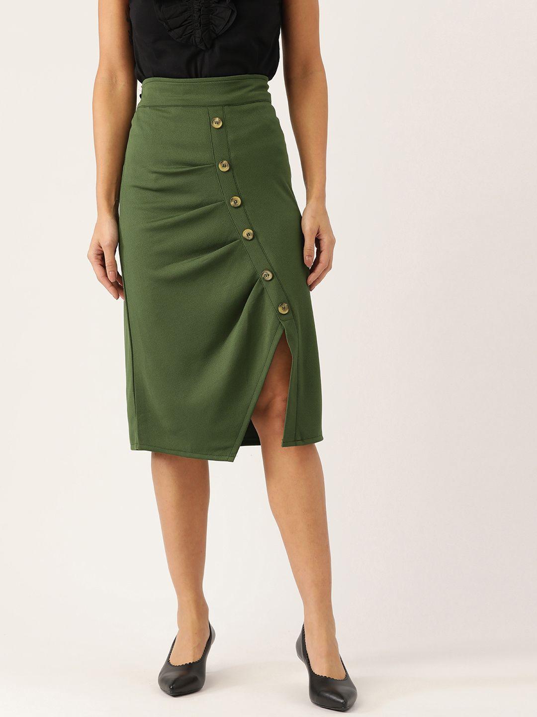 antheaa women green solid button down pleated fit pencil skirt