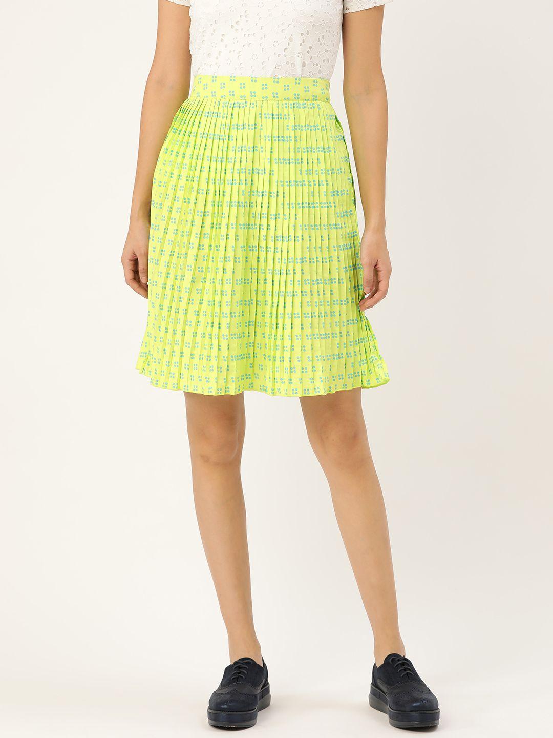 antheaa women lime green & blue printed accordian pleated a-line skirt