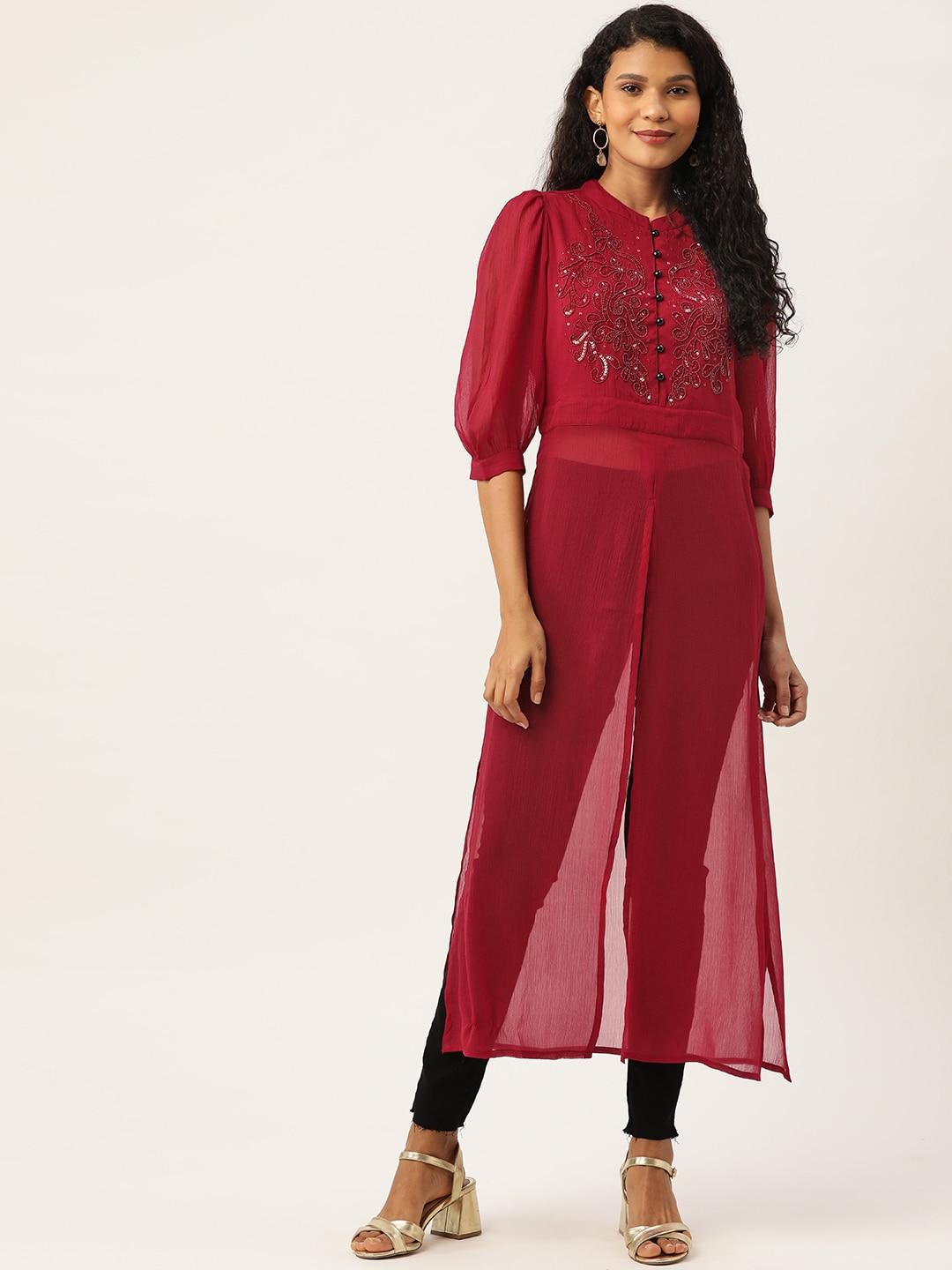 antheaa women maroon embellished sheer tunic