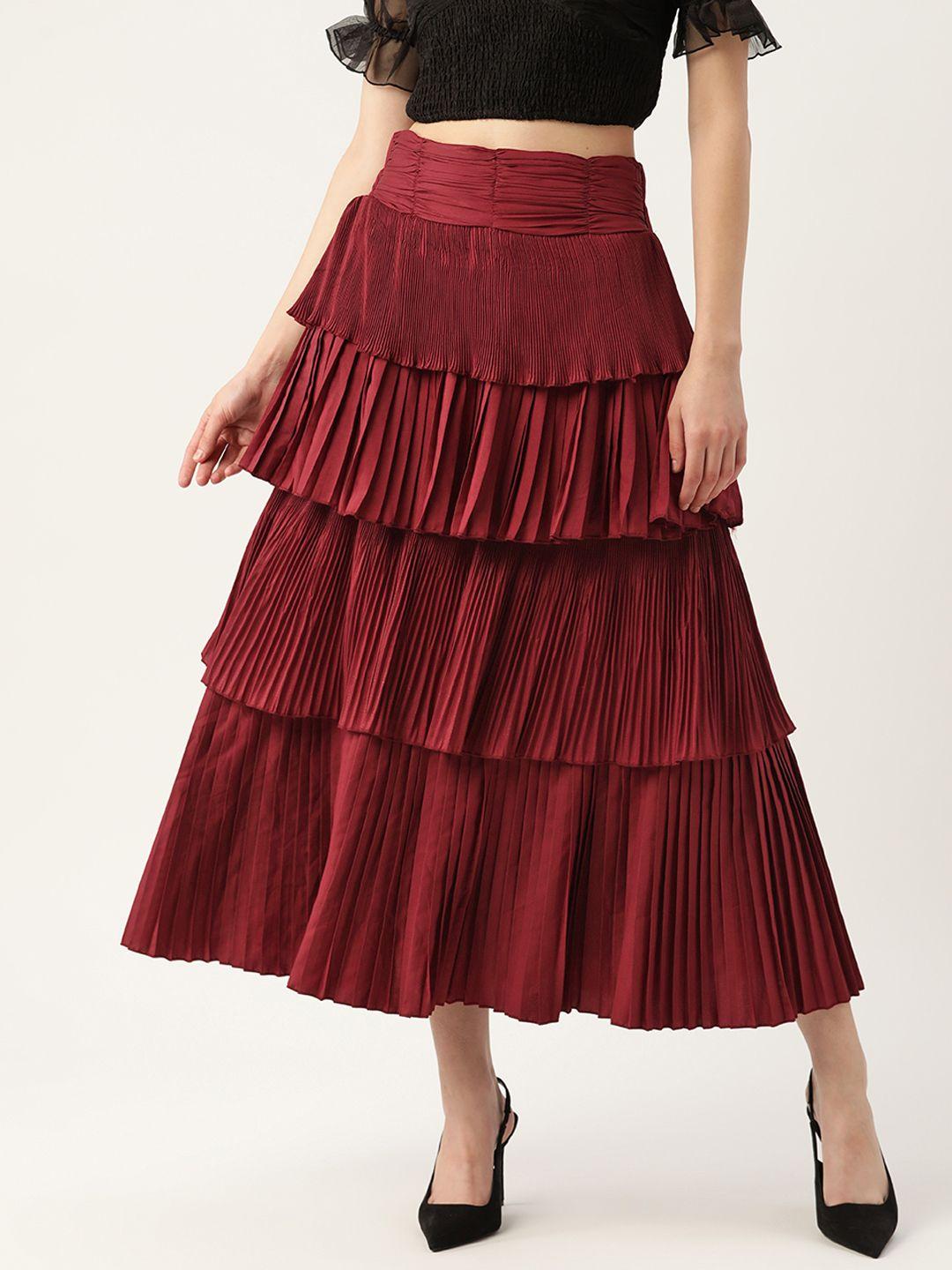 antheaa women maroon solid accordion pleated layered skirt