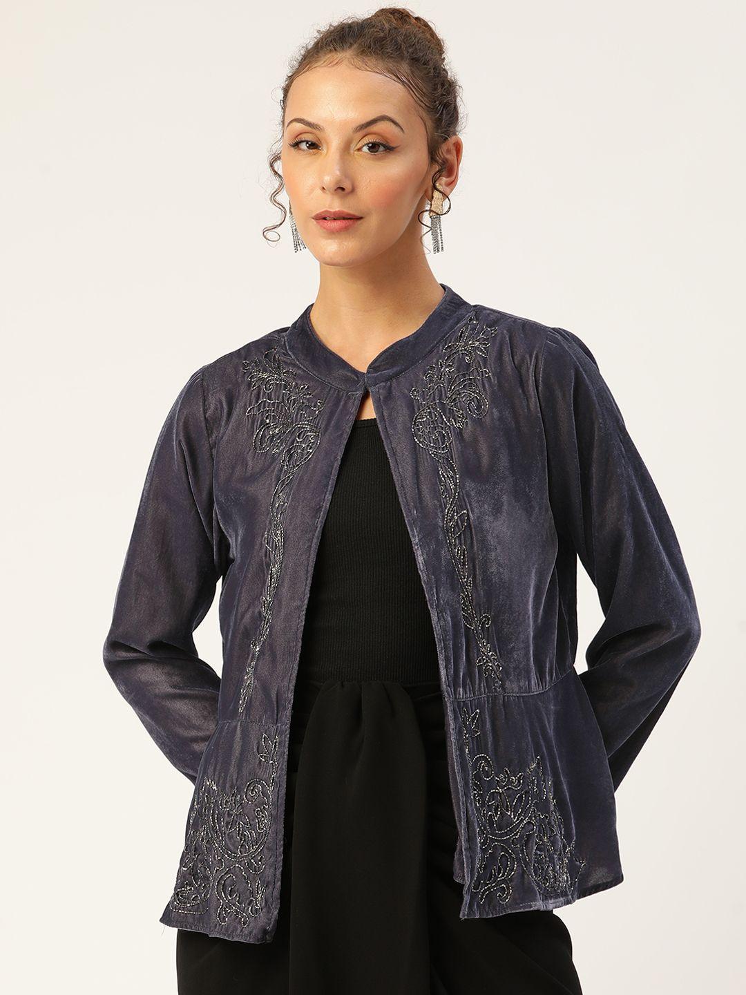 antheaa women mauve embellished velvet finish open front jacket