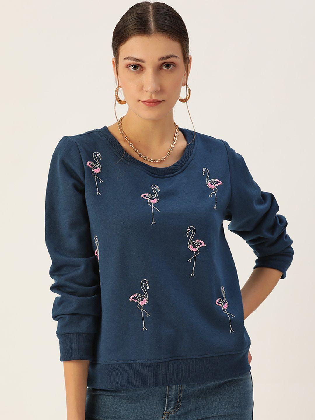 antheaa women navy blue embellished sweatshirt