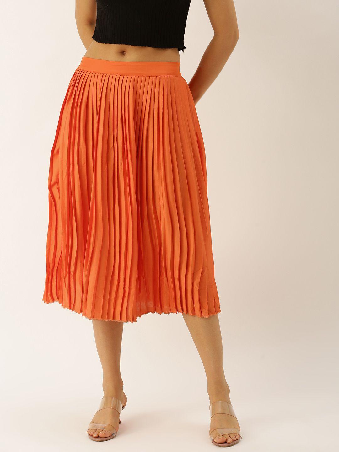 antheaa women orange solid accordion pleated a-line skirt