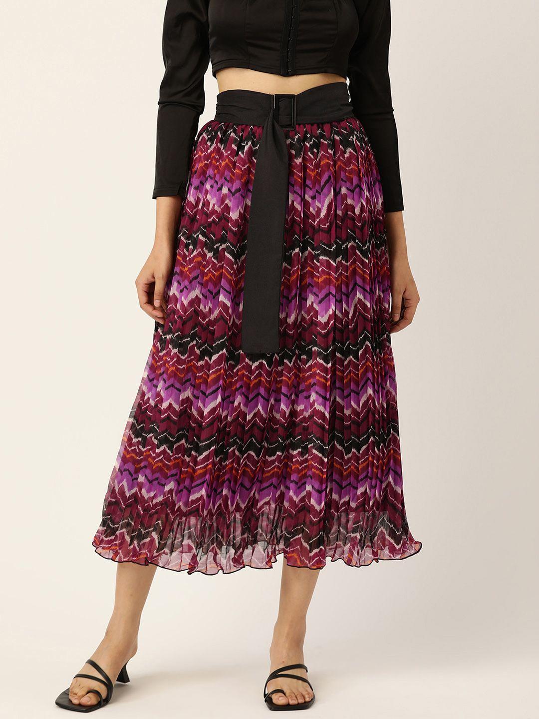 antheaa women pink & maroon printed pleated a-line midi skirt