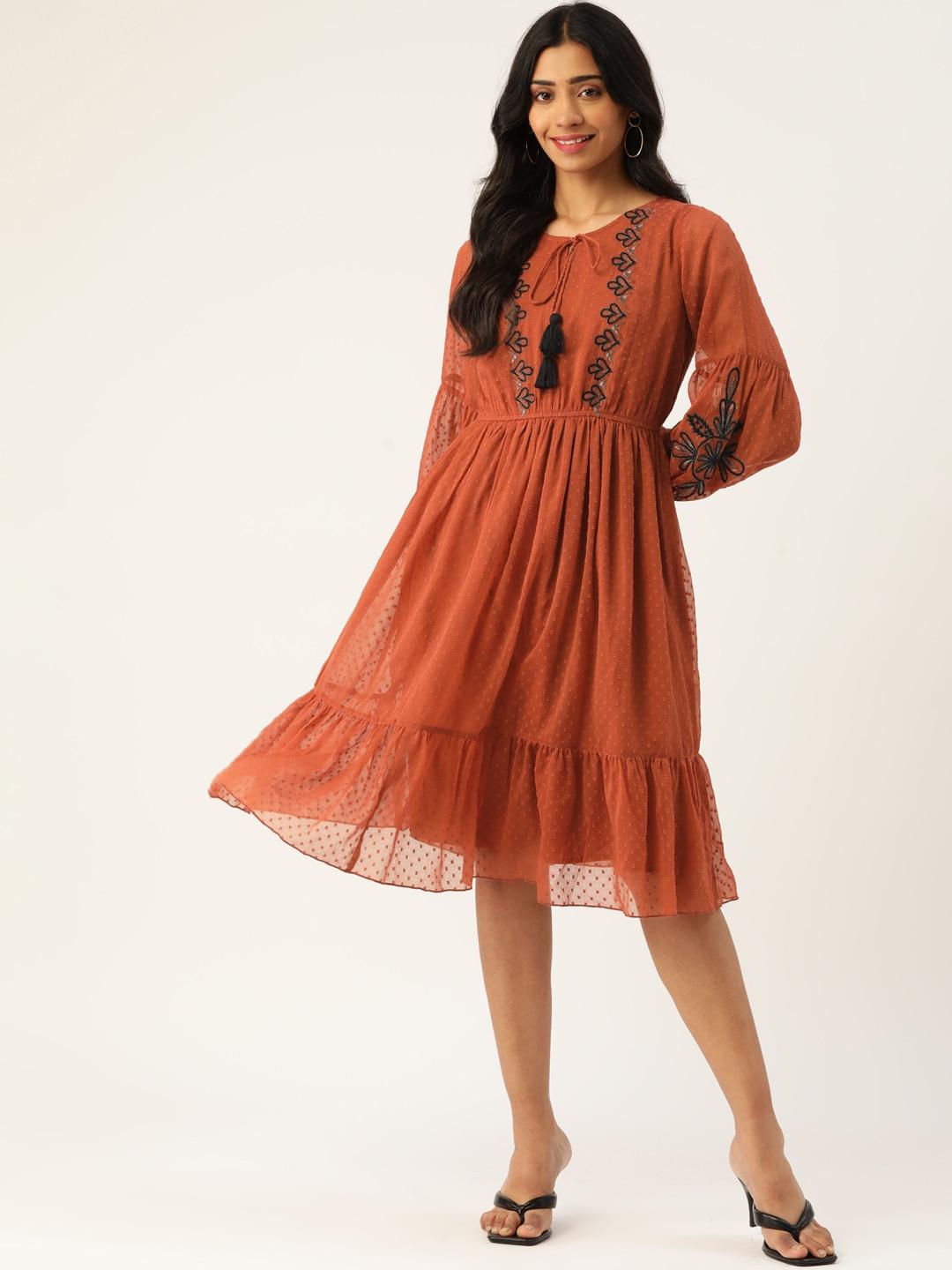 antheaa women rust brown embroidered dobby weave a-line dress