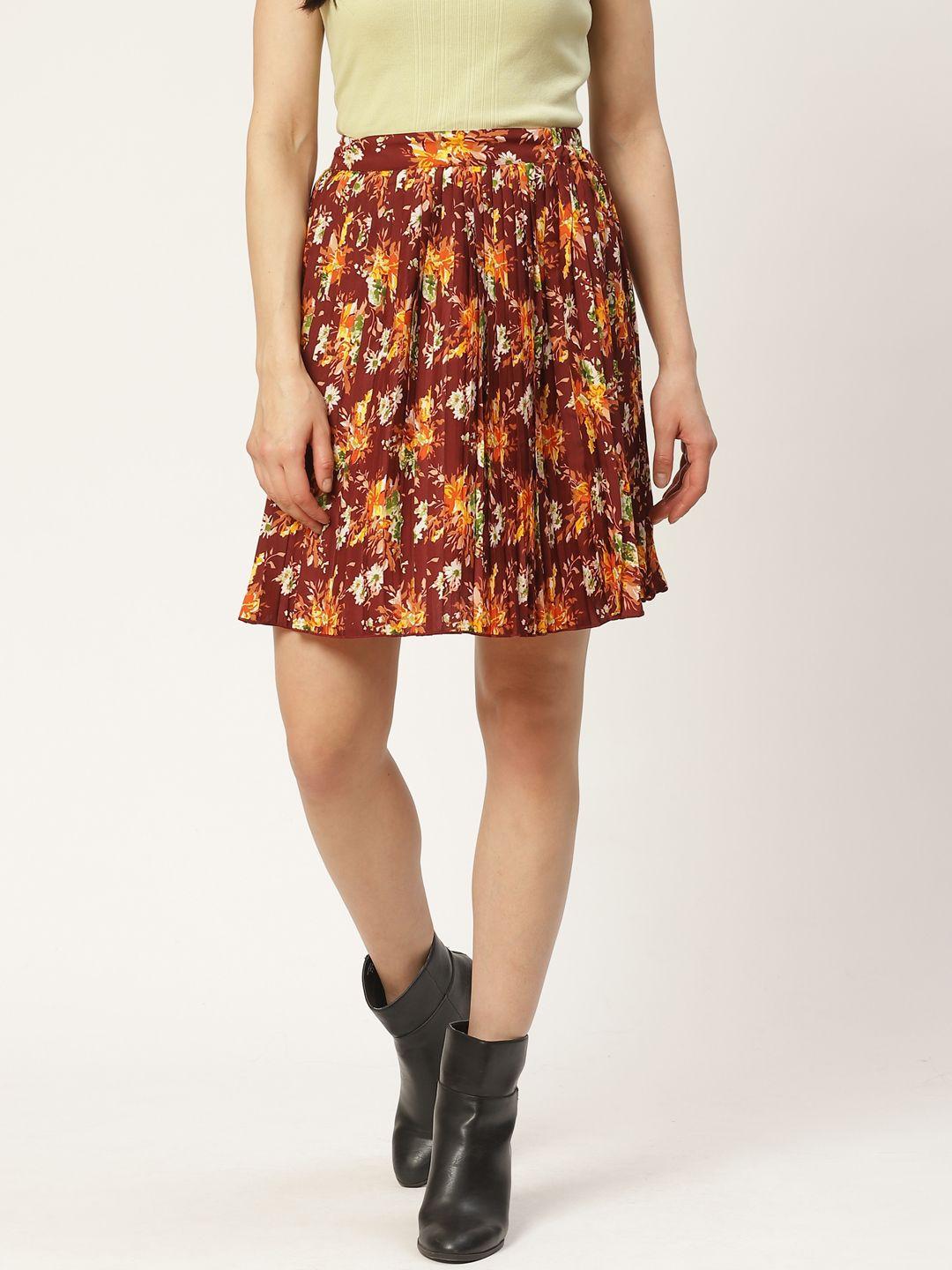 antheaa women rust red & yellow accordion pleated floral printed a-line skirt