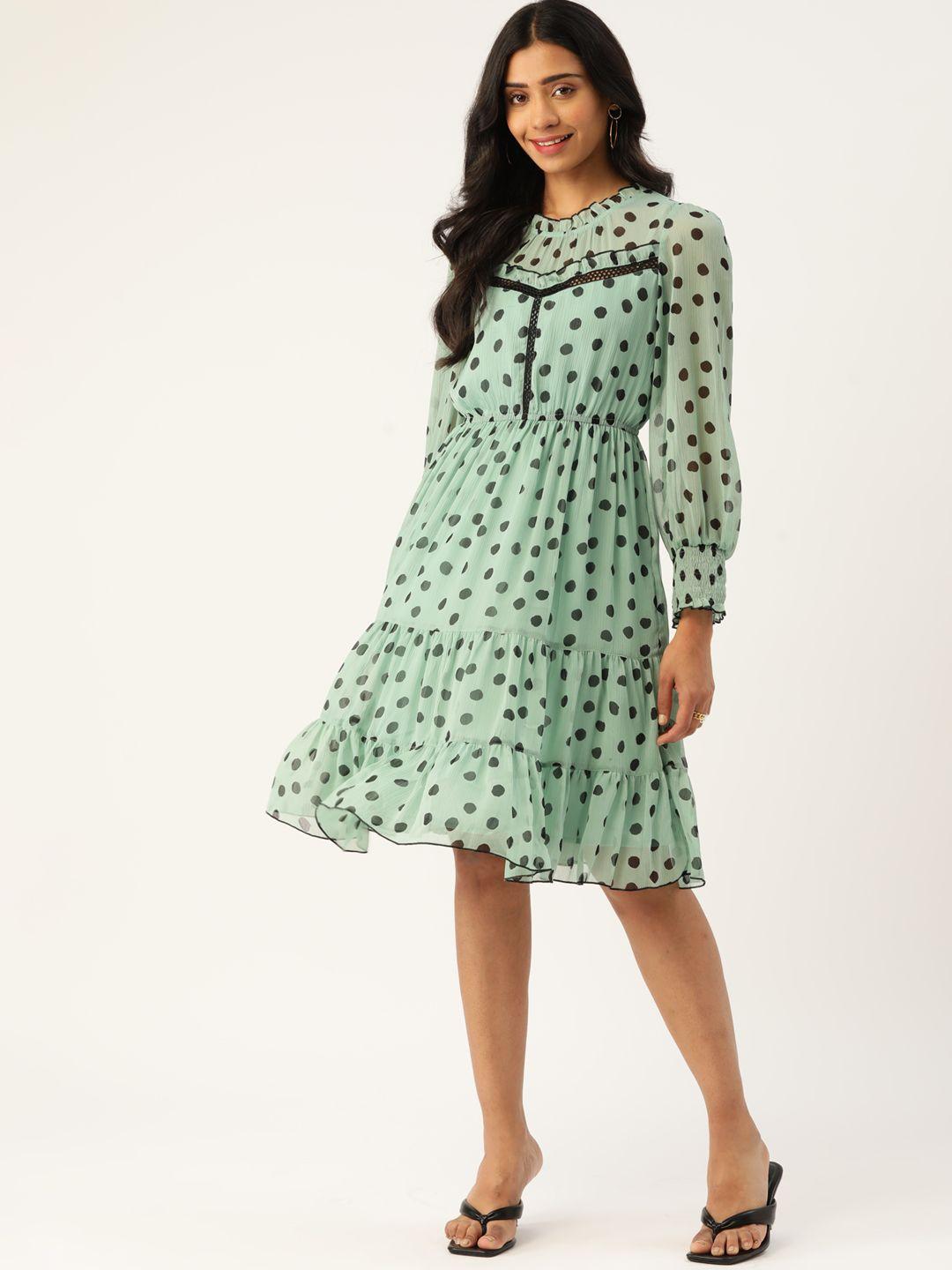 antheaa women sea green & black polka dot printed a-line dress
