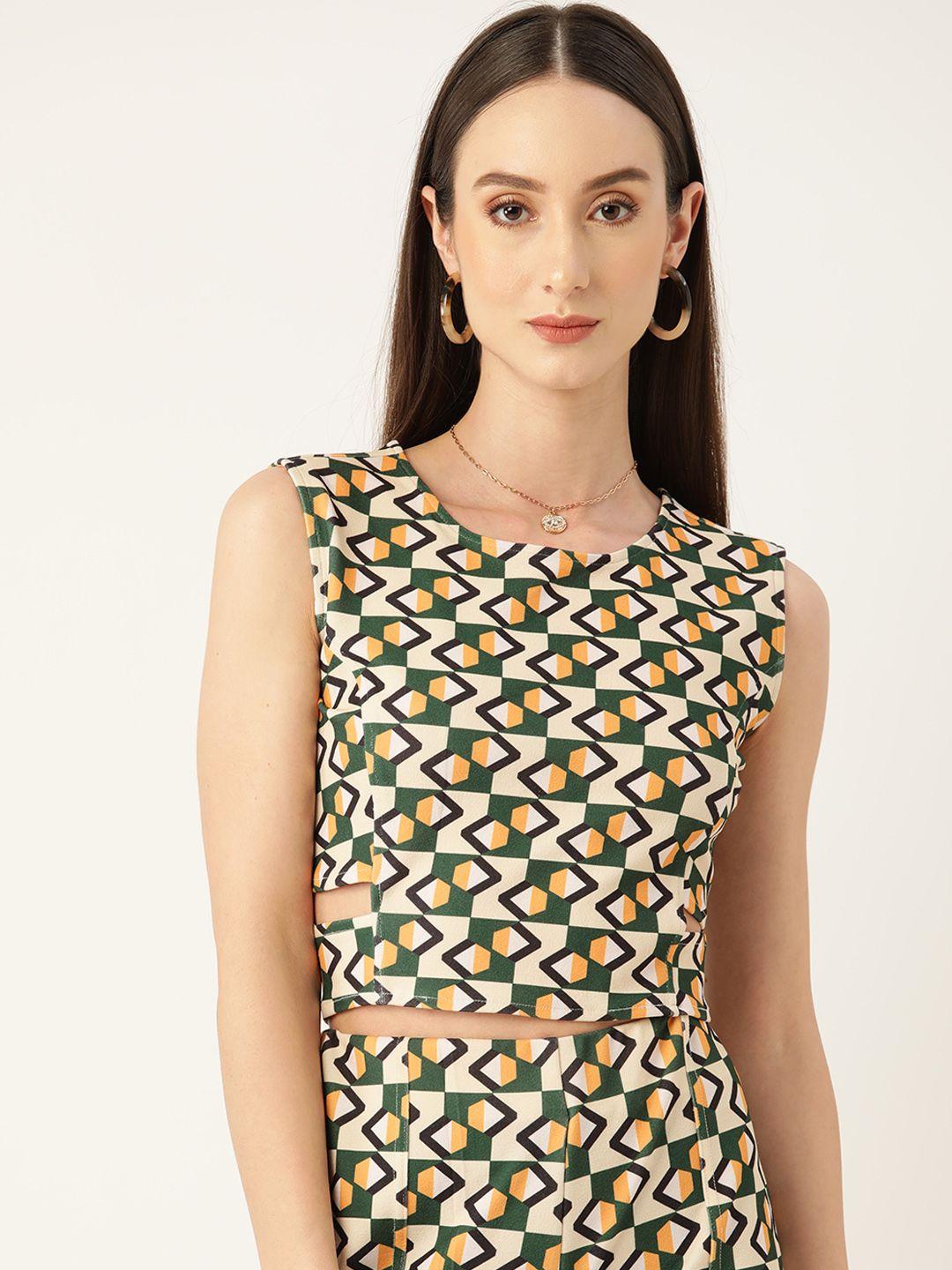 antheaa beige & green geometric printed crepe crop top