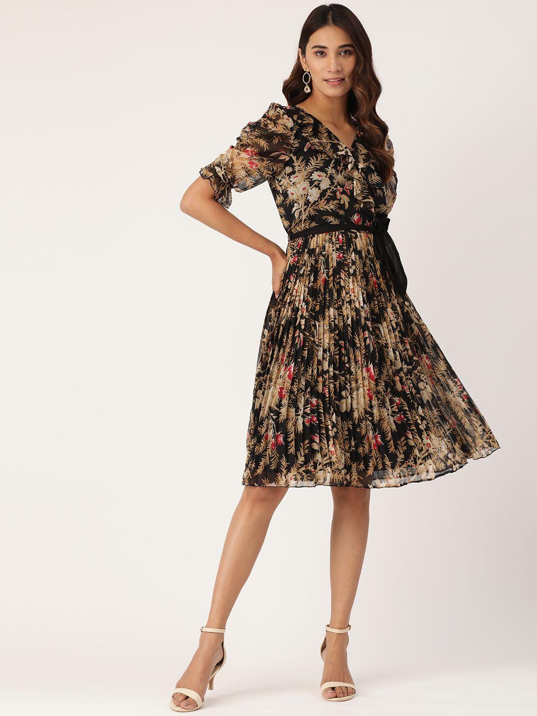 antheaa black & beige floral printed accordion pleated wrap dress with belt
