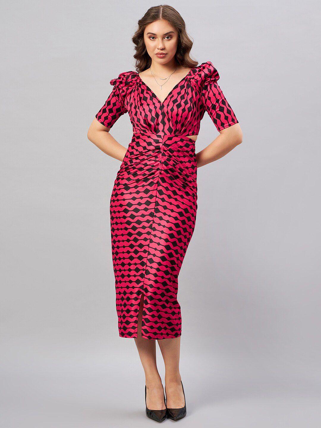 antheaa black & red abstract printed v-neck puff sleeve sheath midi dress