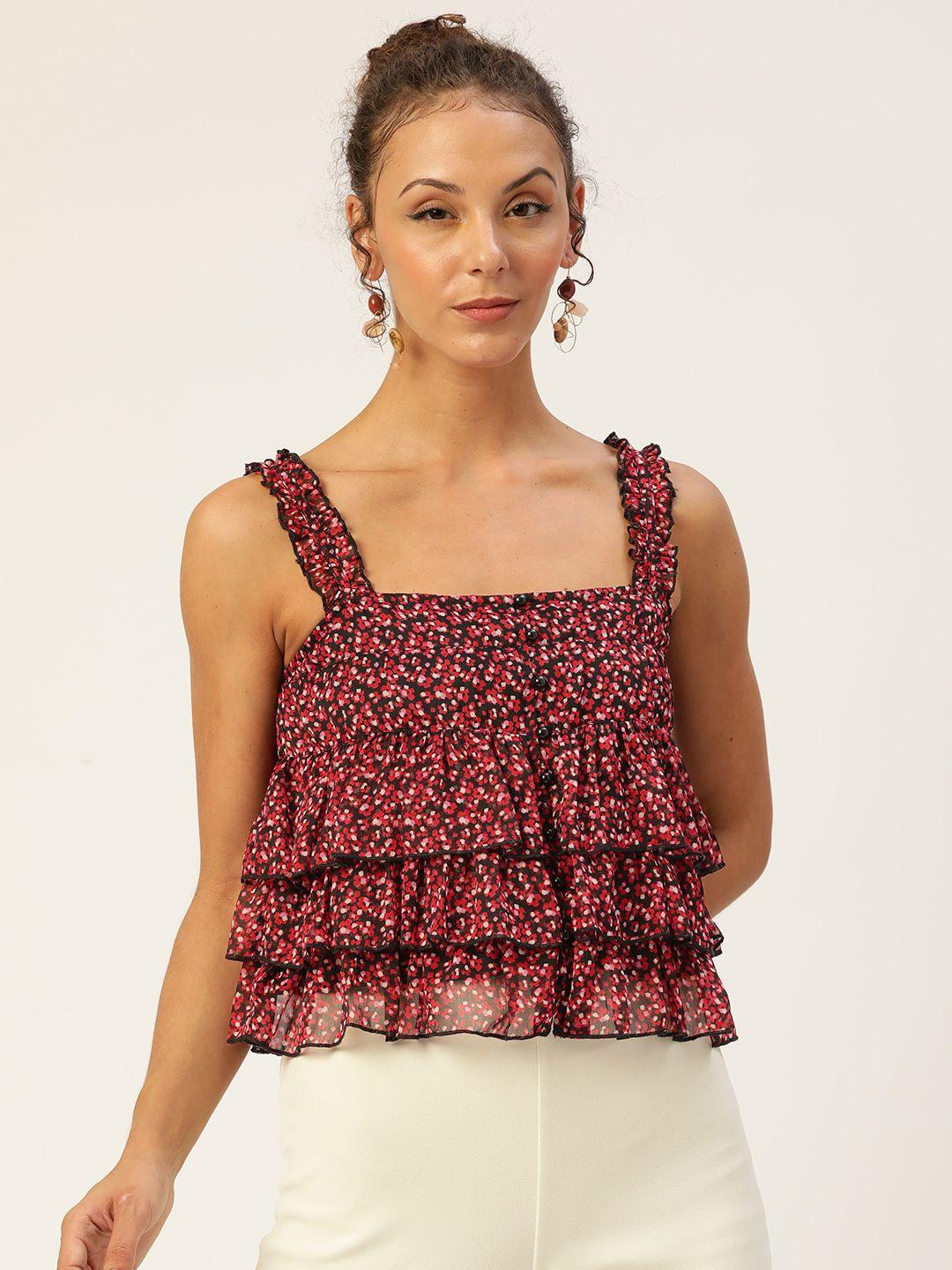 antheaa black & red floral print layered top