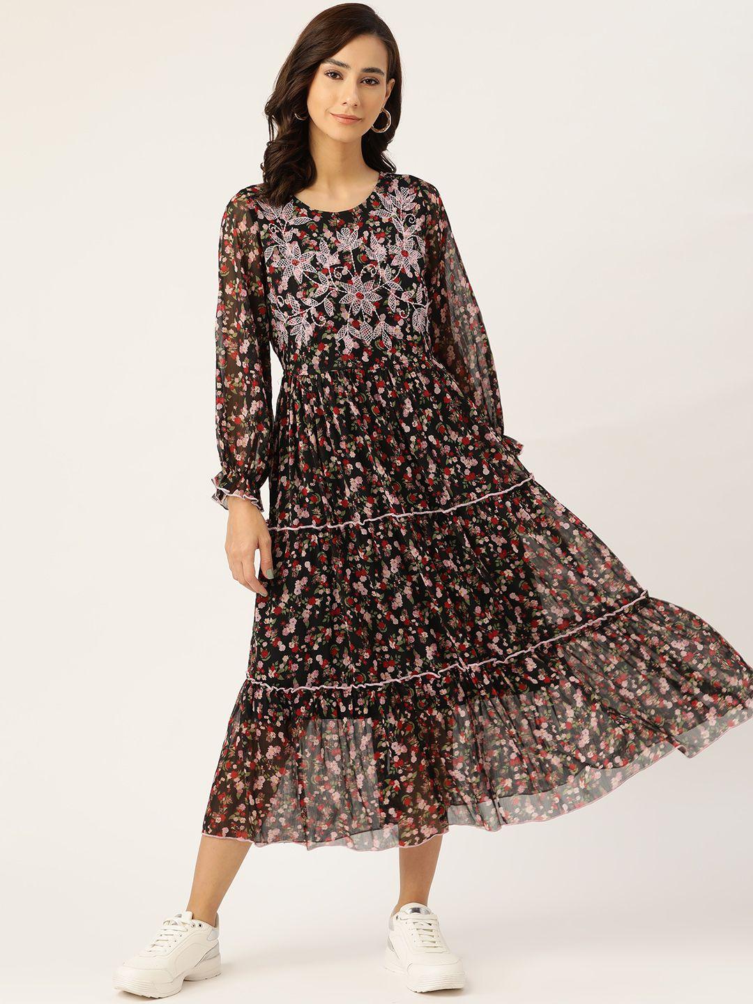 antheaa black & red floral print tiered a-line midi dress