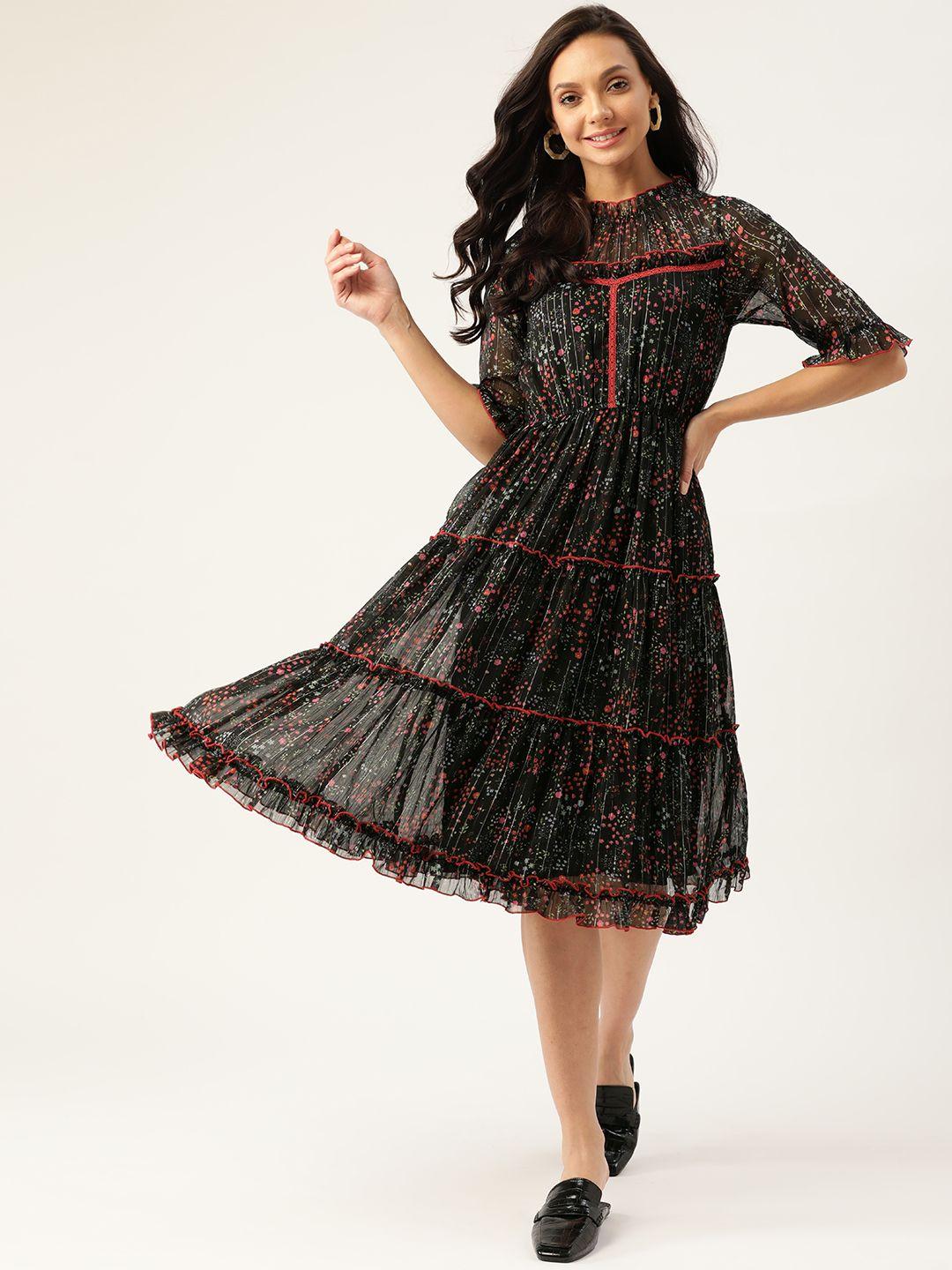 antheaa black & red floral print tiered midi a-line dress