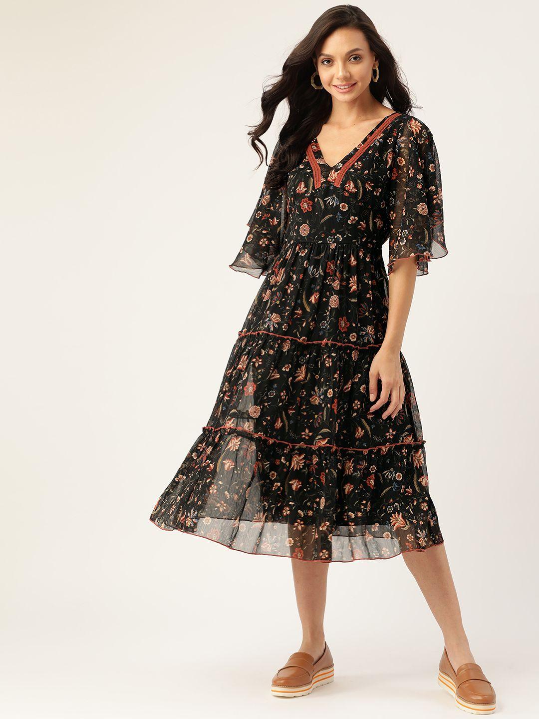 antheaa black & rust brown floral chiffon a-line midi dress