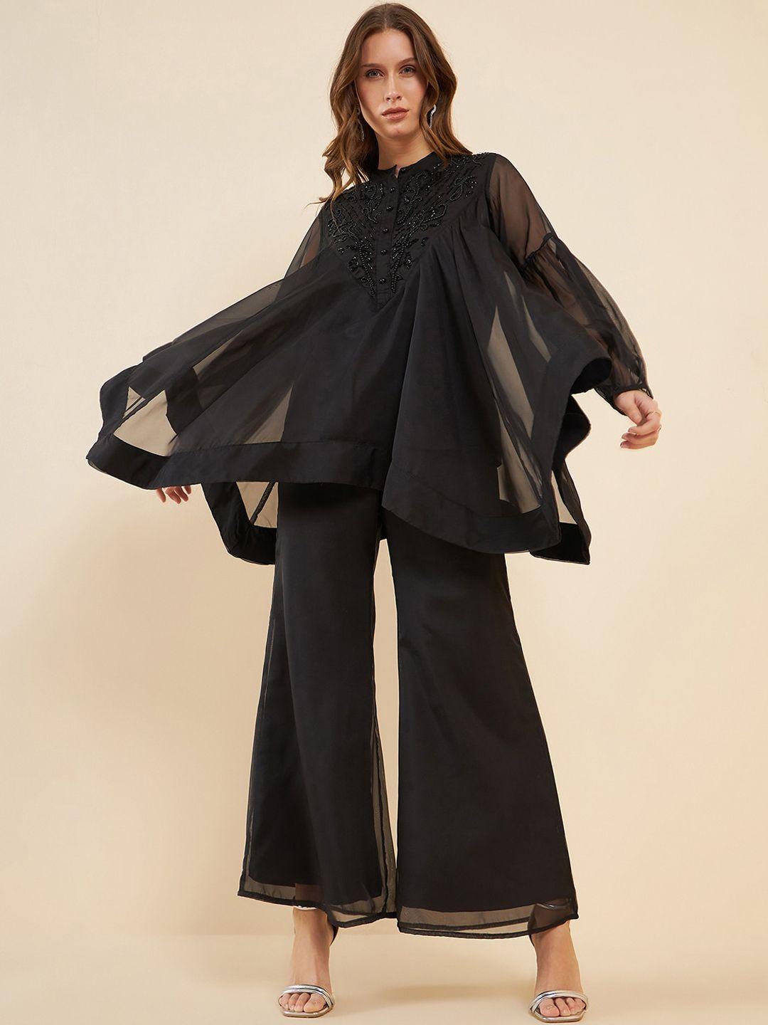 antheaa black beads and stones embellished a-line organza top with palazzos