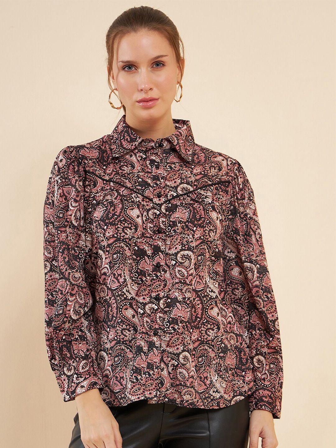 antheaa black comfort fit ethnic motifs printed puff sleeves satin shirt