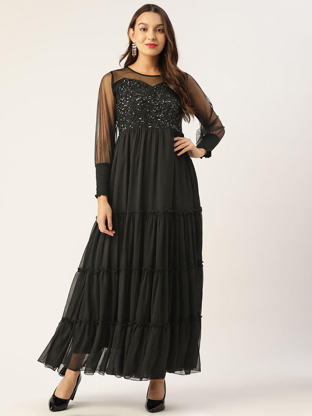 antheaa black embellished chiffon maxi dress