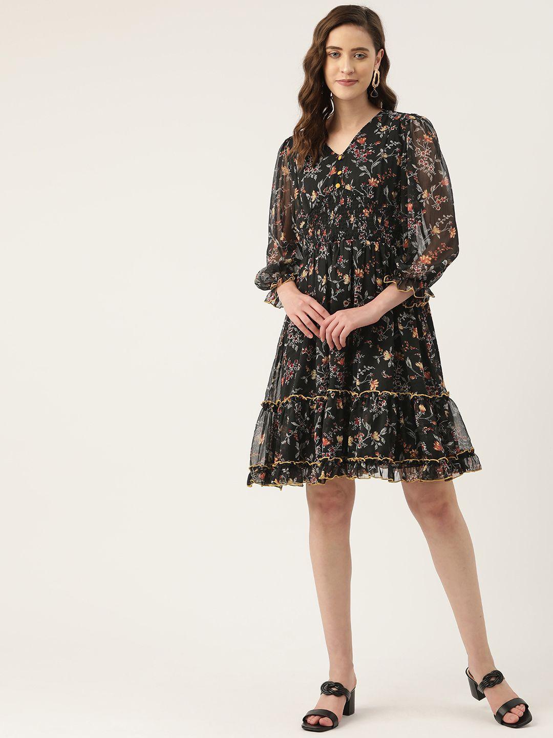 antheaa black floral print smocked chiffon fit & flare dress