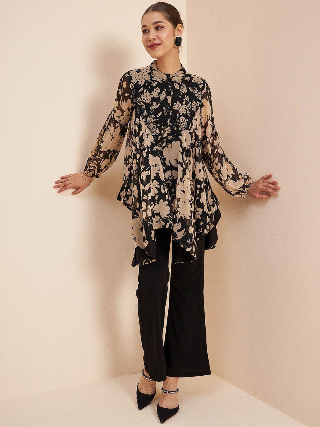 antheaa black printed embellished top & trousers