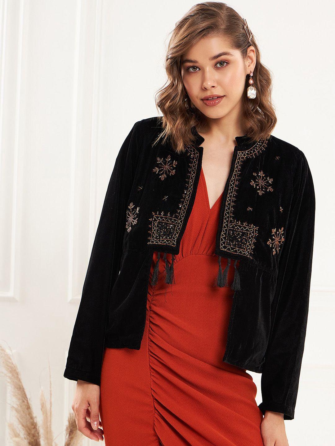 antheaa black self design mandarin collar crop open front jacket with embroidered