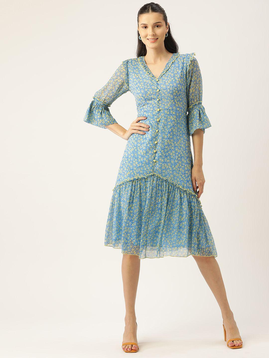 antheaa blue floral chiffon midi dress