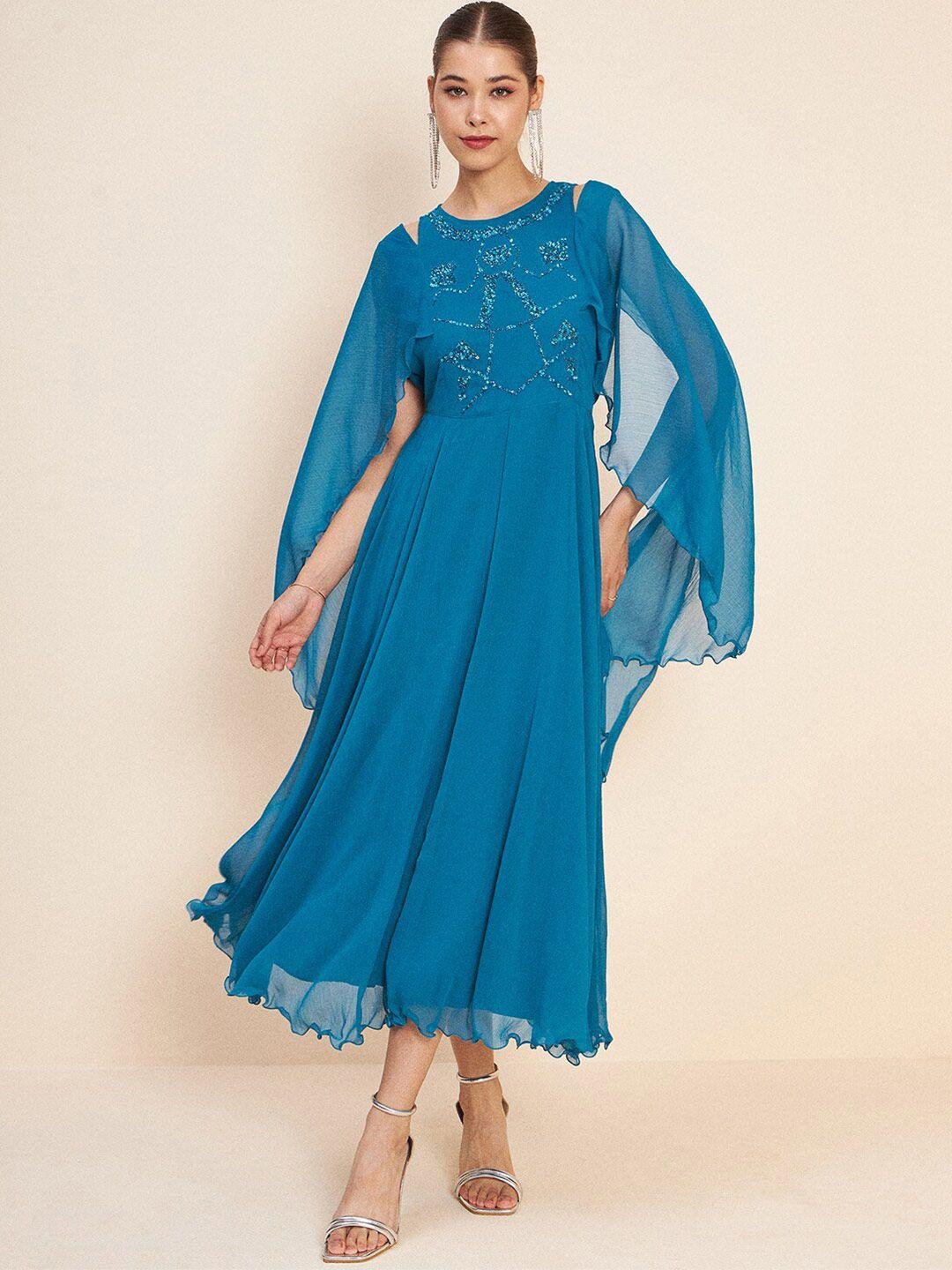 antheaa blue slit sleeves embellished detail maxi dress