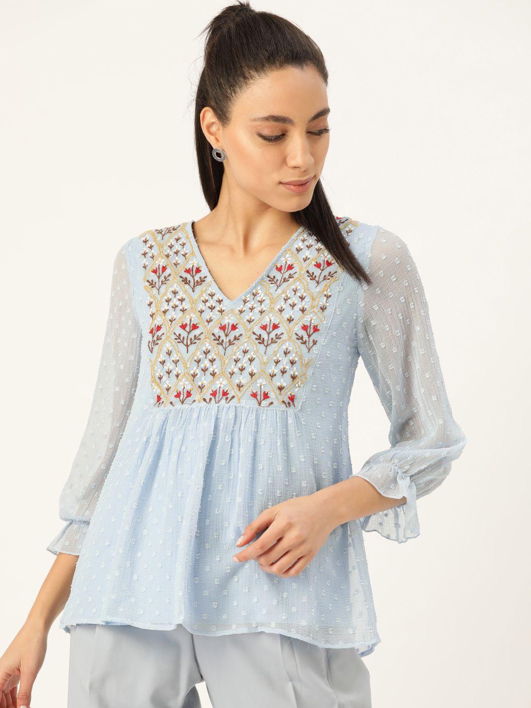 antheaa blue yoke embroidered dobby weave a-line top