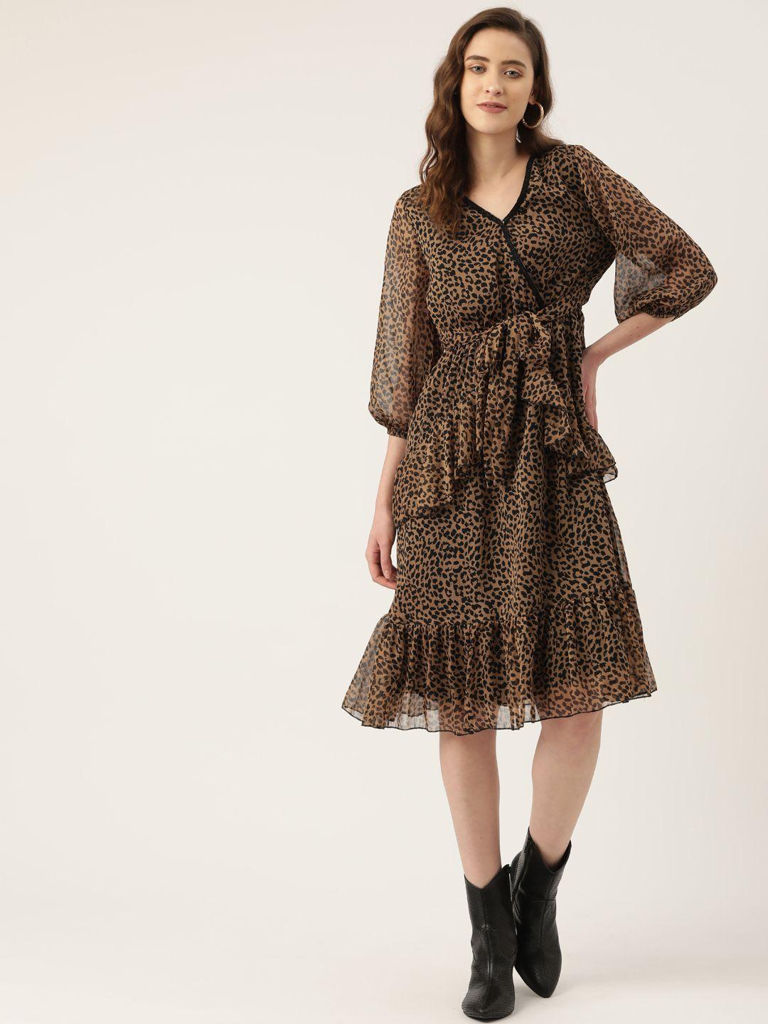 antheaa brown animal print chiffon fit & flare dress