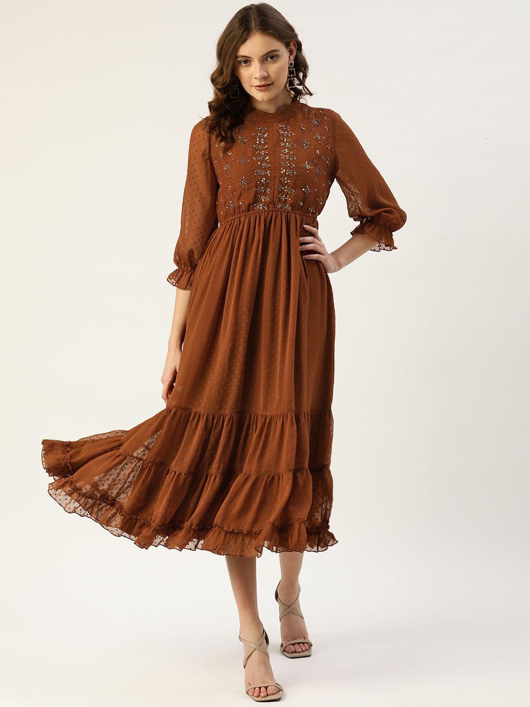 antheaa brown dobby woven embellished maxi tiered dress