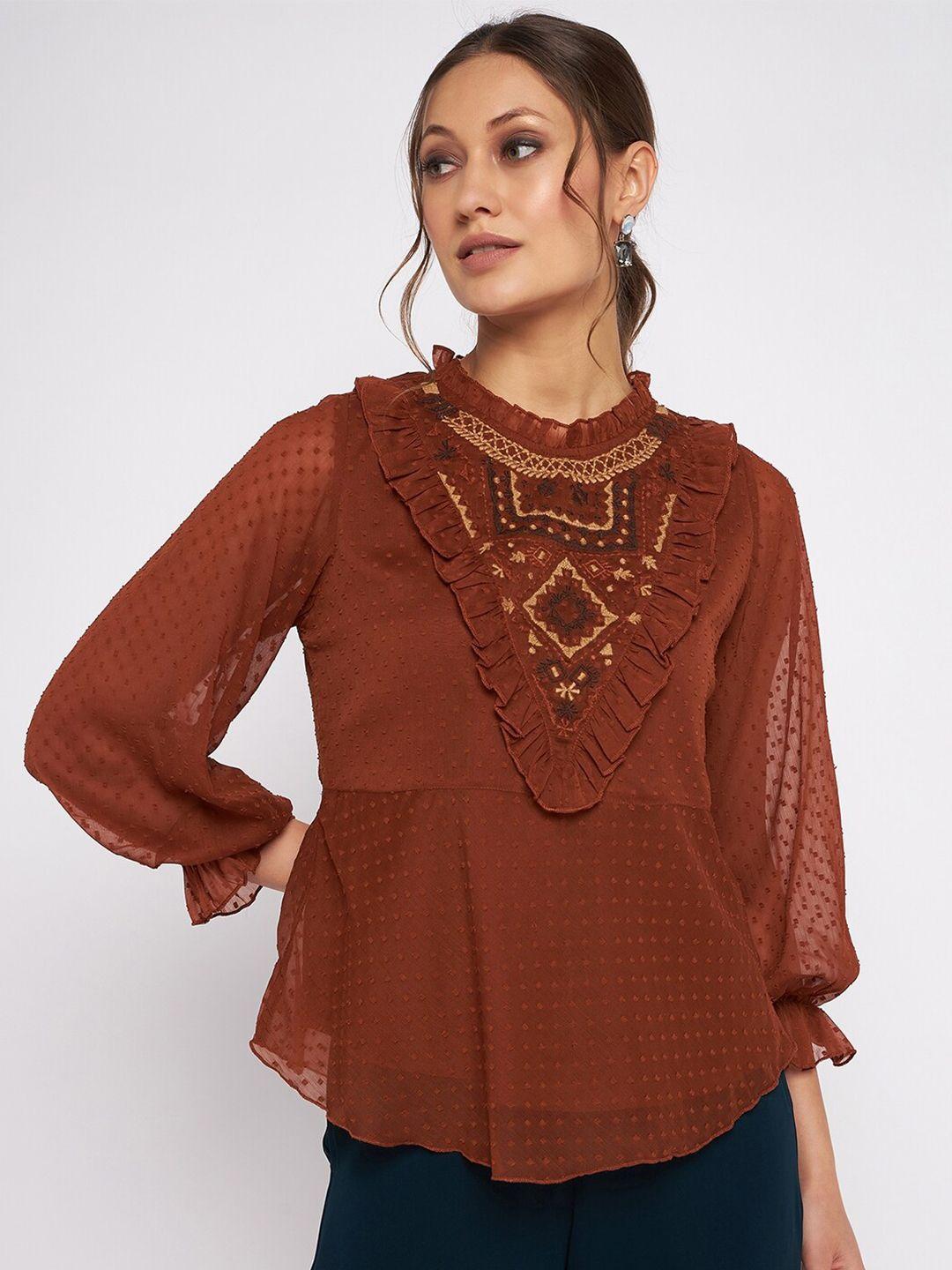 antheaa chiffon puff sleeves self design top