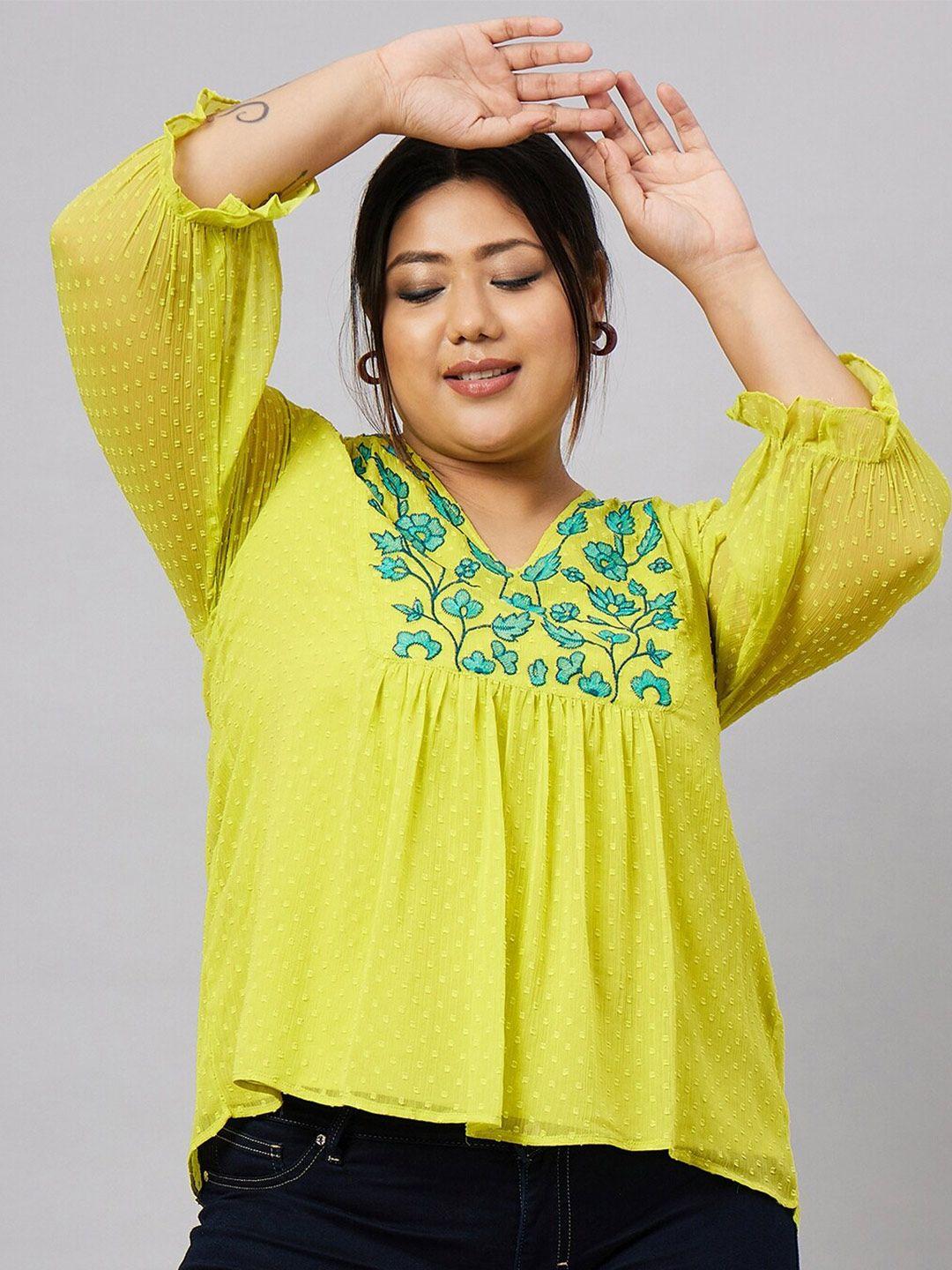 antheaa curve  floral embroidered v-neck gathered detail empire top