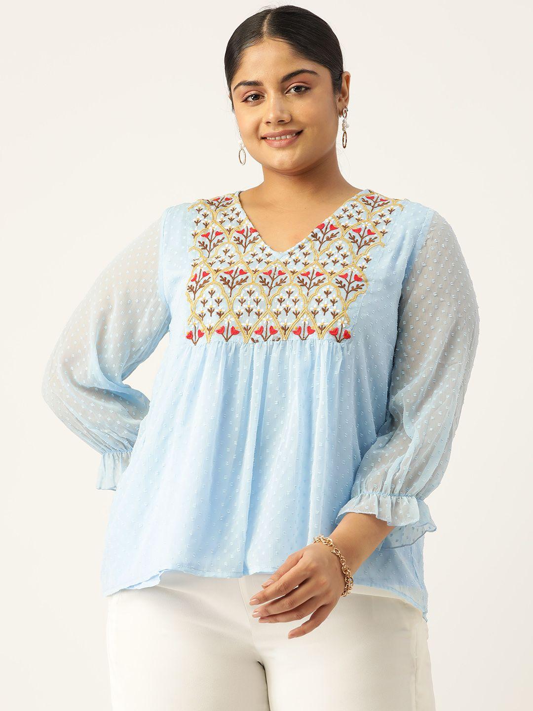 antheaa curve plus size ethnic motifs embroidered pleated chiffon a-line top