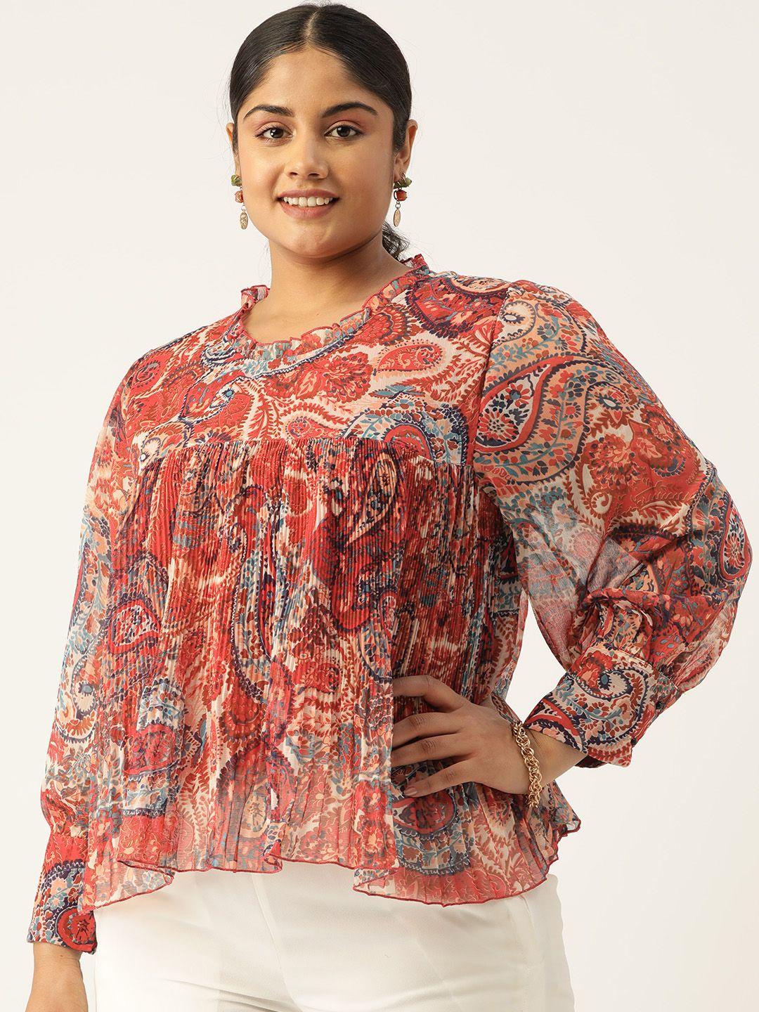 antheaa curve plus size ethnic motifs printed pleated chiffon a-line top
