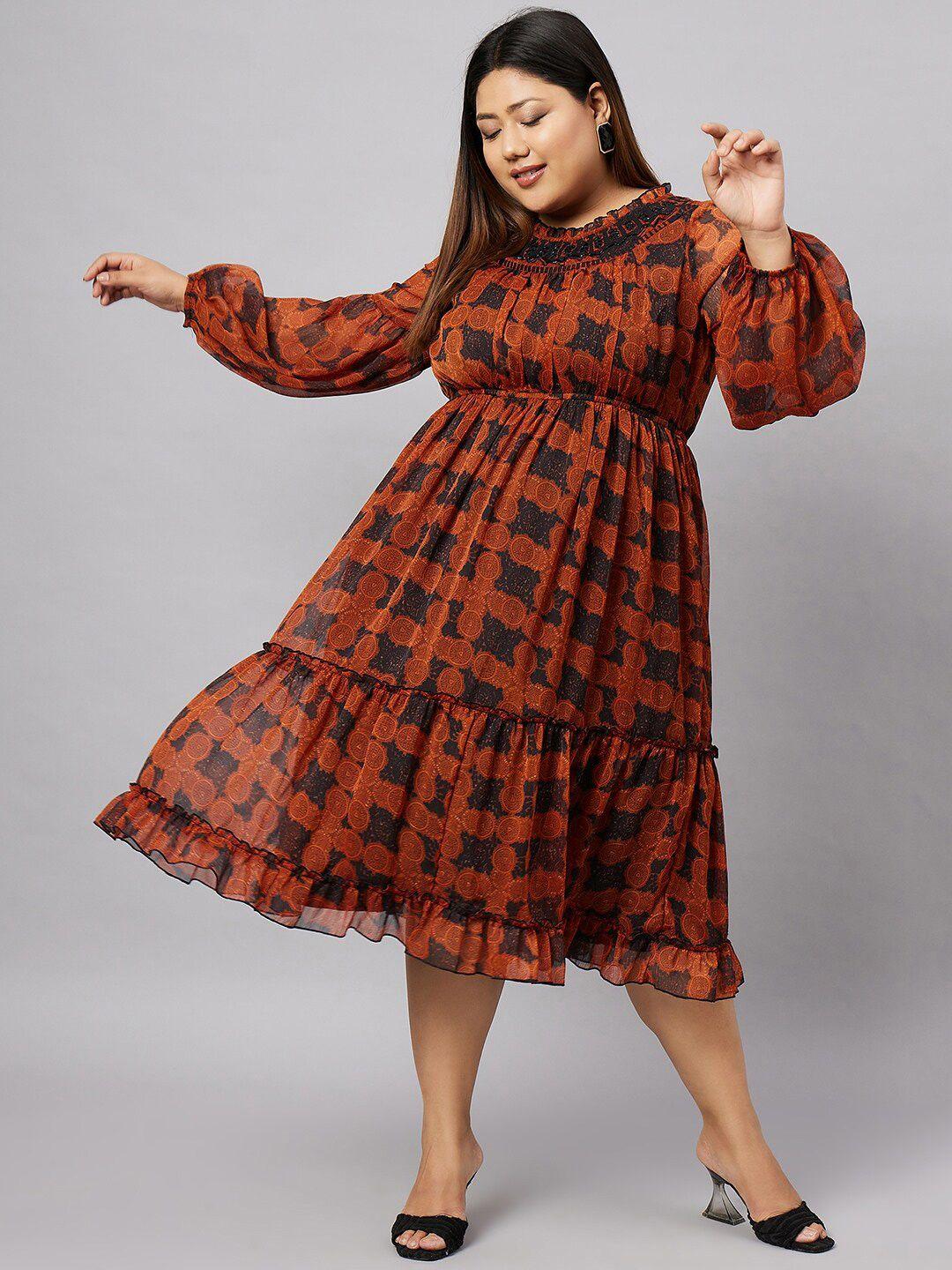 antheaa curve plus size ethnic motifs printed puff sleeve empire midi dress