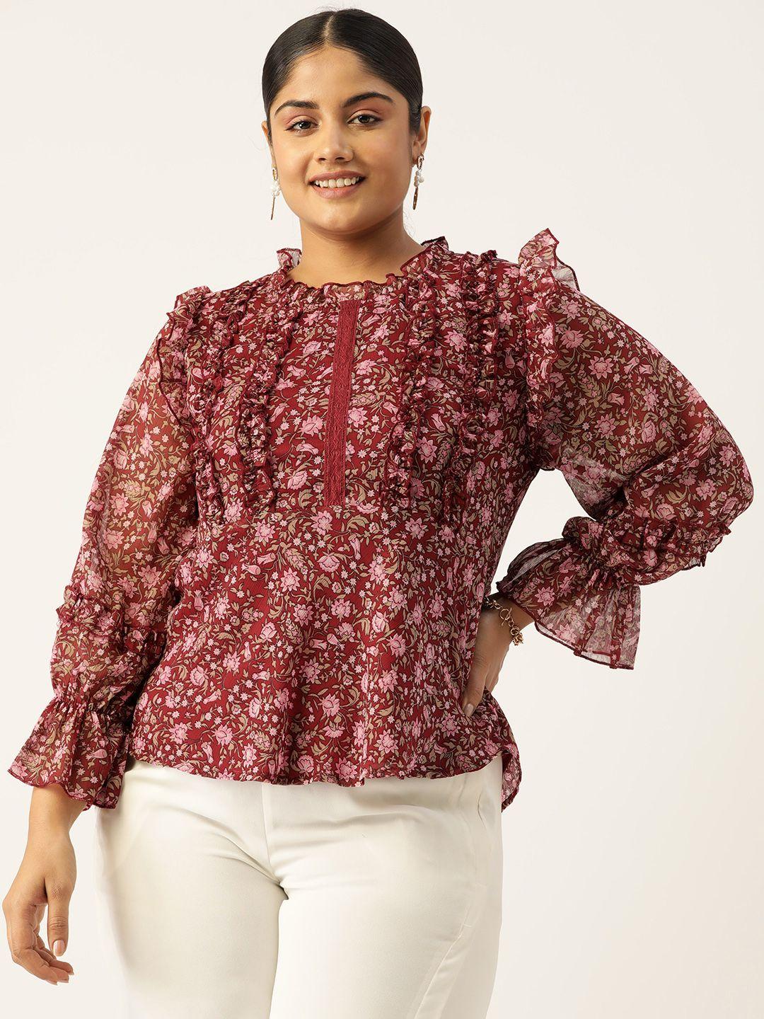 antheaa curve plus size ethnic motifs printed ruffles chiffon a-line top