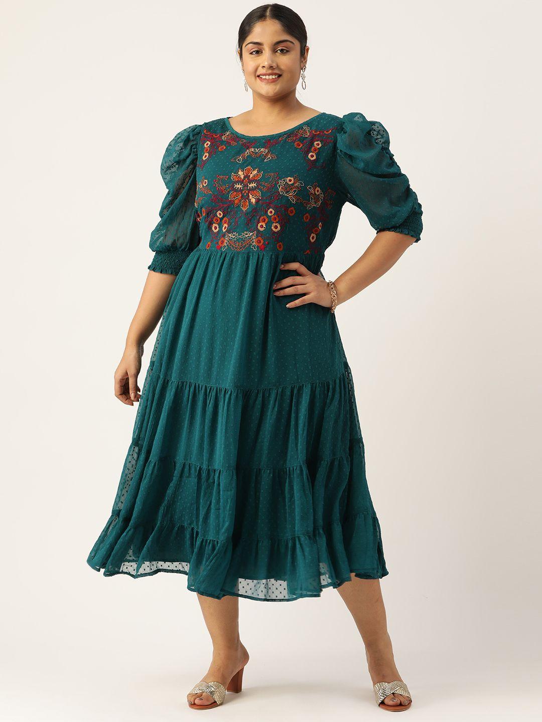 antheaa curve plus size floral embroidered puff sleeves tiered chiffon midi dress