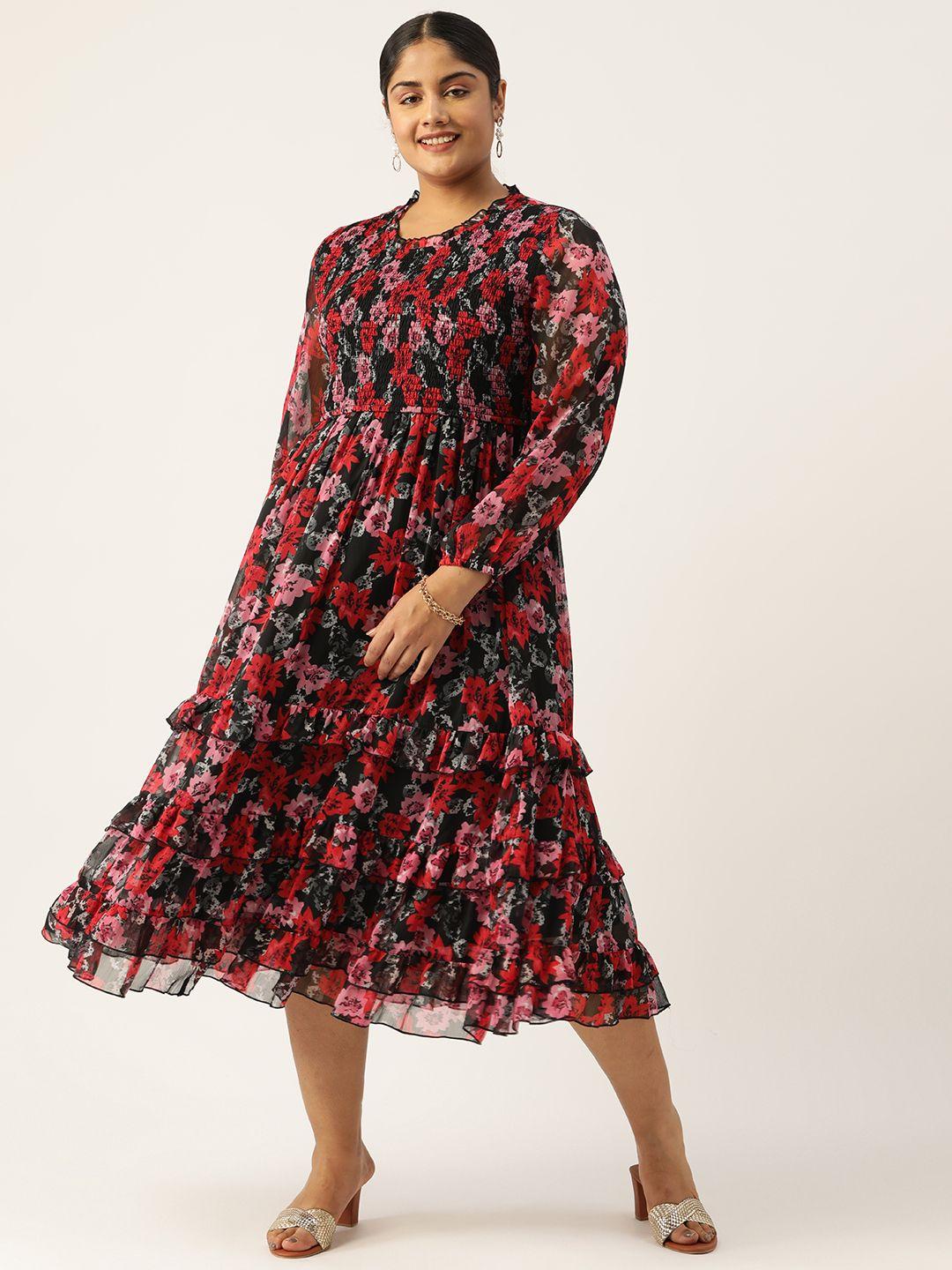 antheaa curve plus size floral print bishop sleeves tiered chiffon midi dress