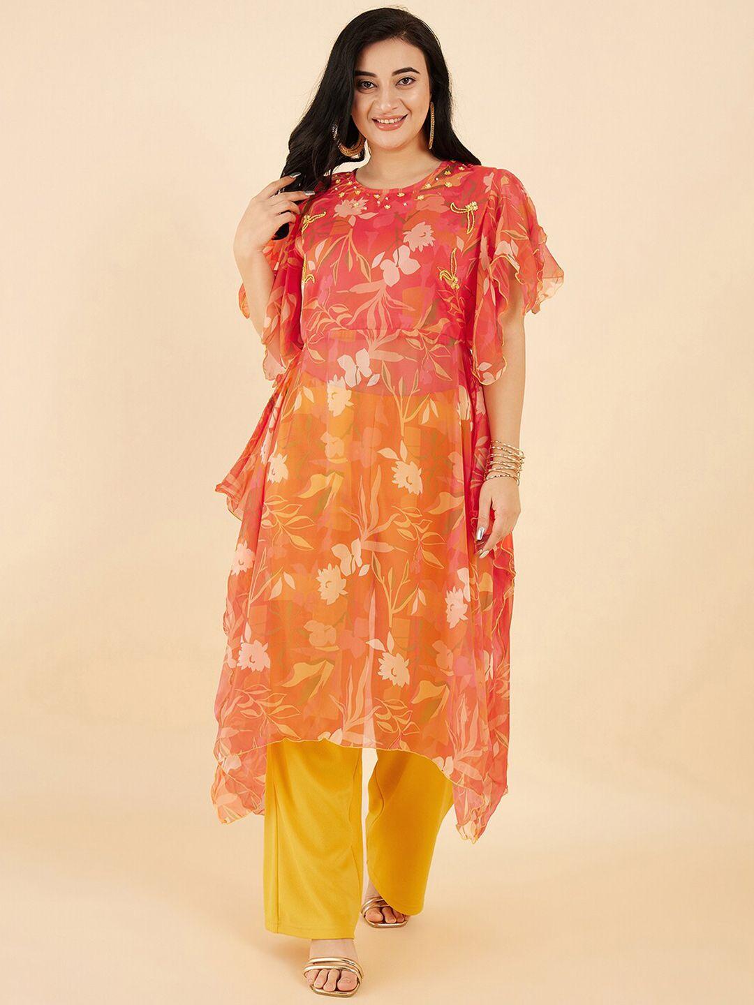 antheaa curve plus size floral printed flared sleeves kaftan kurta with trousers