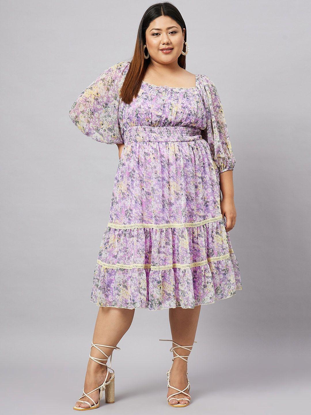 antheaa curve plus size floral printed puff sleeve smocked tiered fit & flare midi dress