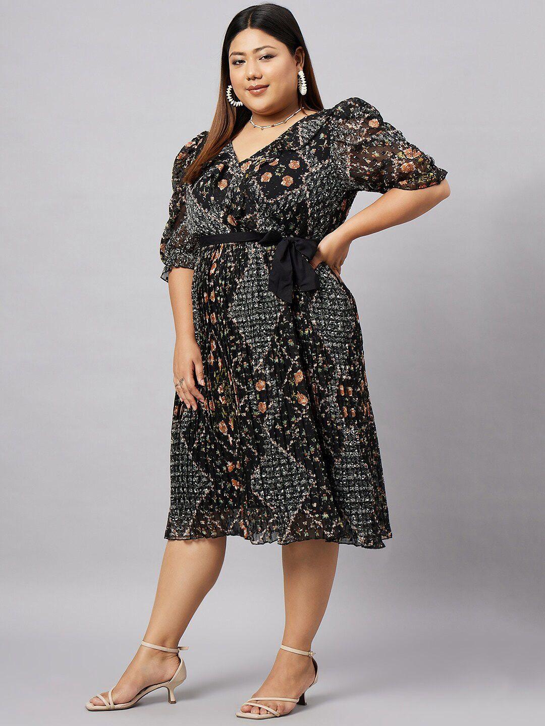 antheaa curve plus size floral printed puff sleeves gathered chiffon empire midi dress