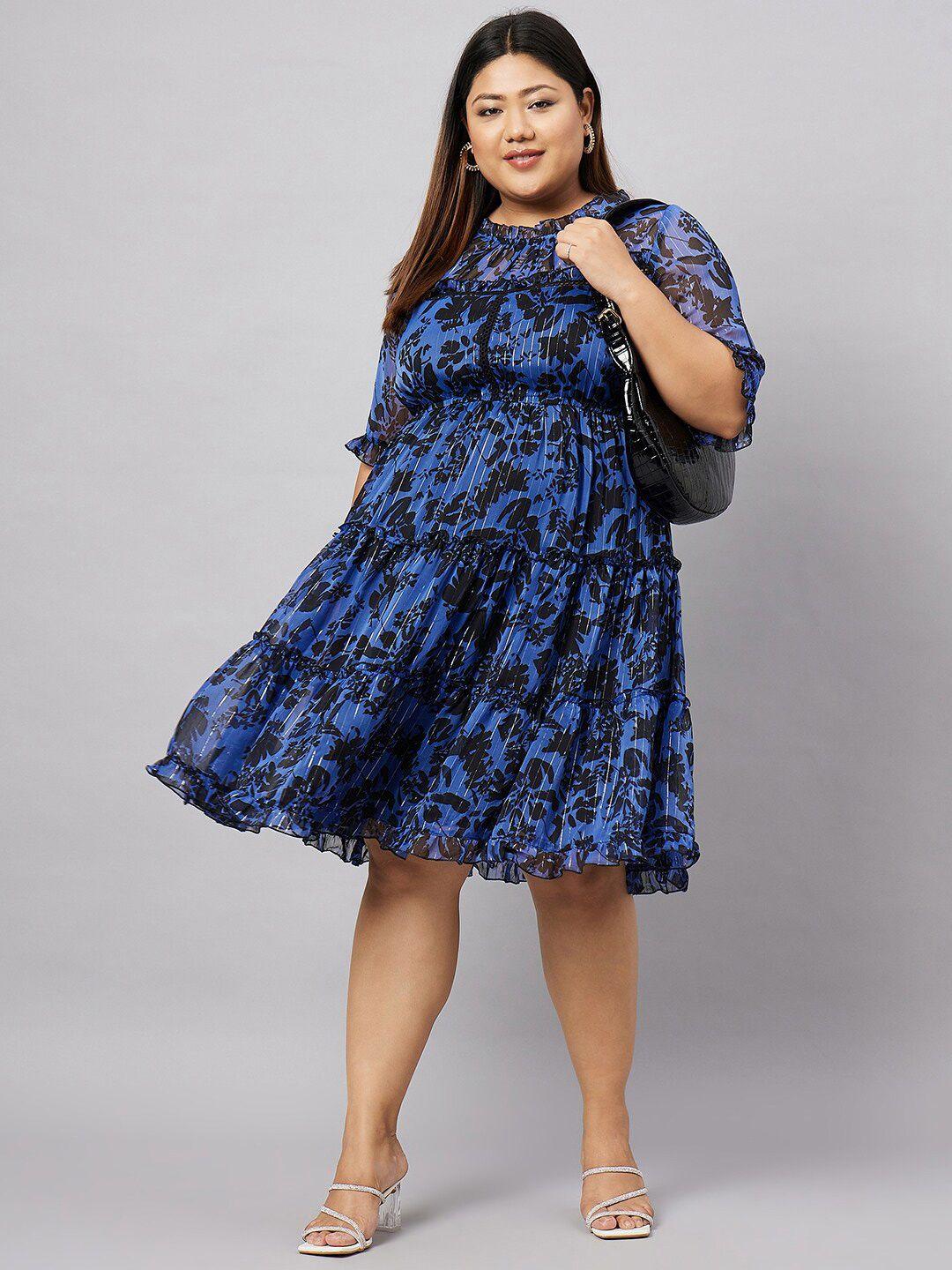 antheaa curve plus size floral printed ruffles detail chiffon fit & flare dress